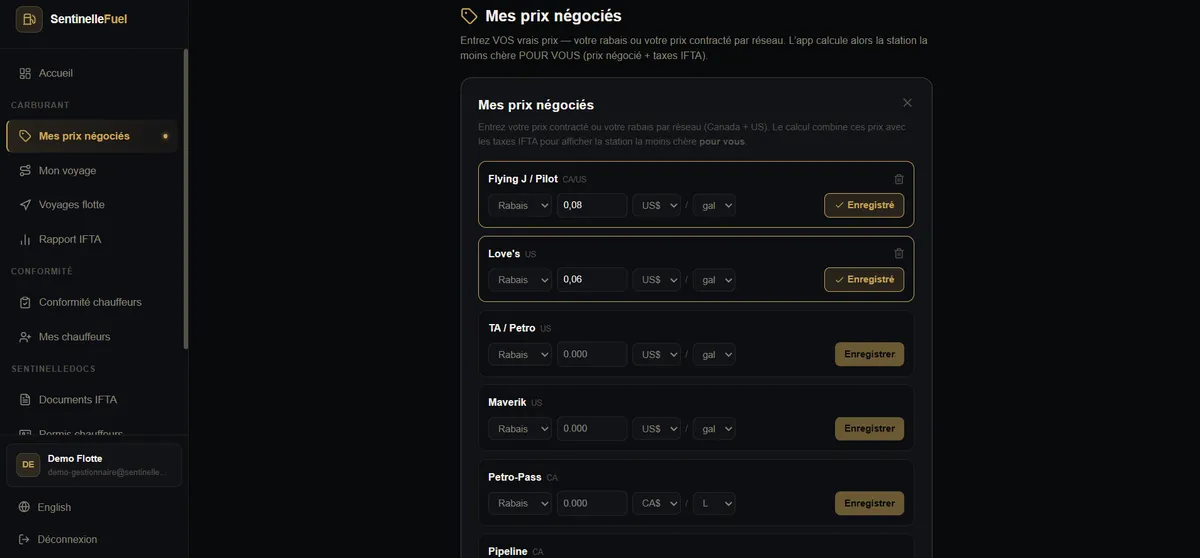 Saisie des prix négociés par réseau dans SentinelleFuel — rabais cardlock combinés aux taxes IFTA